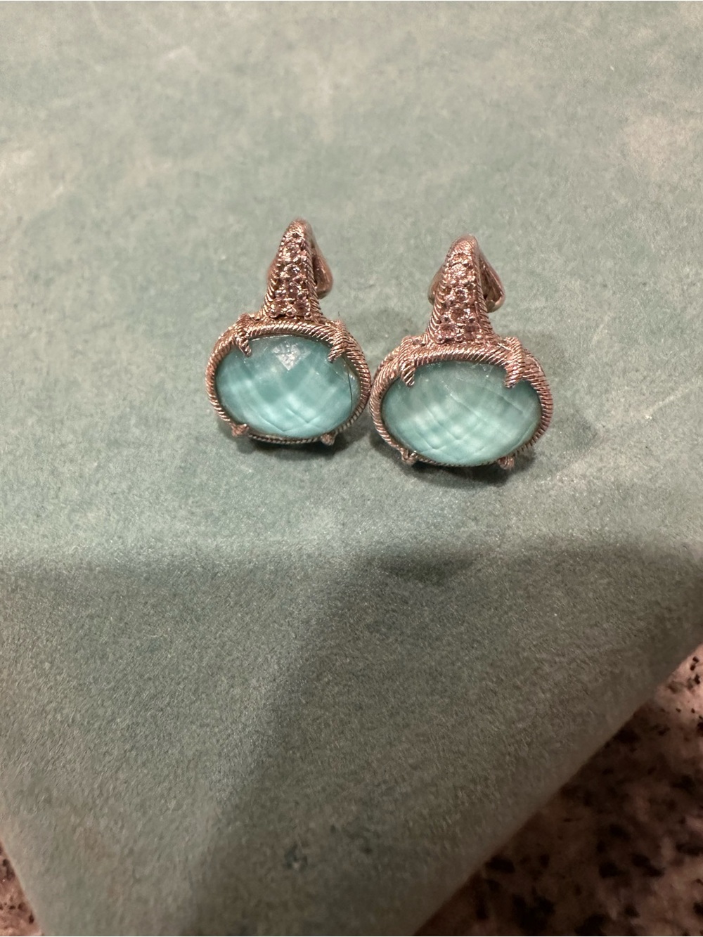 Judith Ripka Silver Filigree Clip-On Earrings with Aqua Cabochons